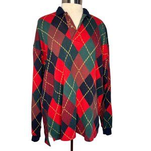 JAS MCLEITH Men's Top Size Large Long Sleeve Collar Red Green Blue  Diamond Cott